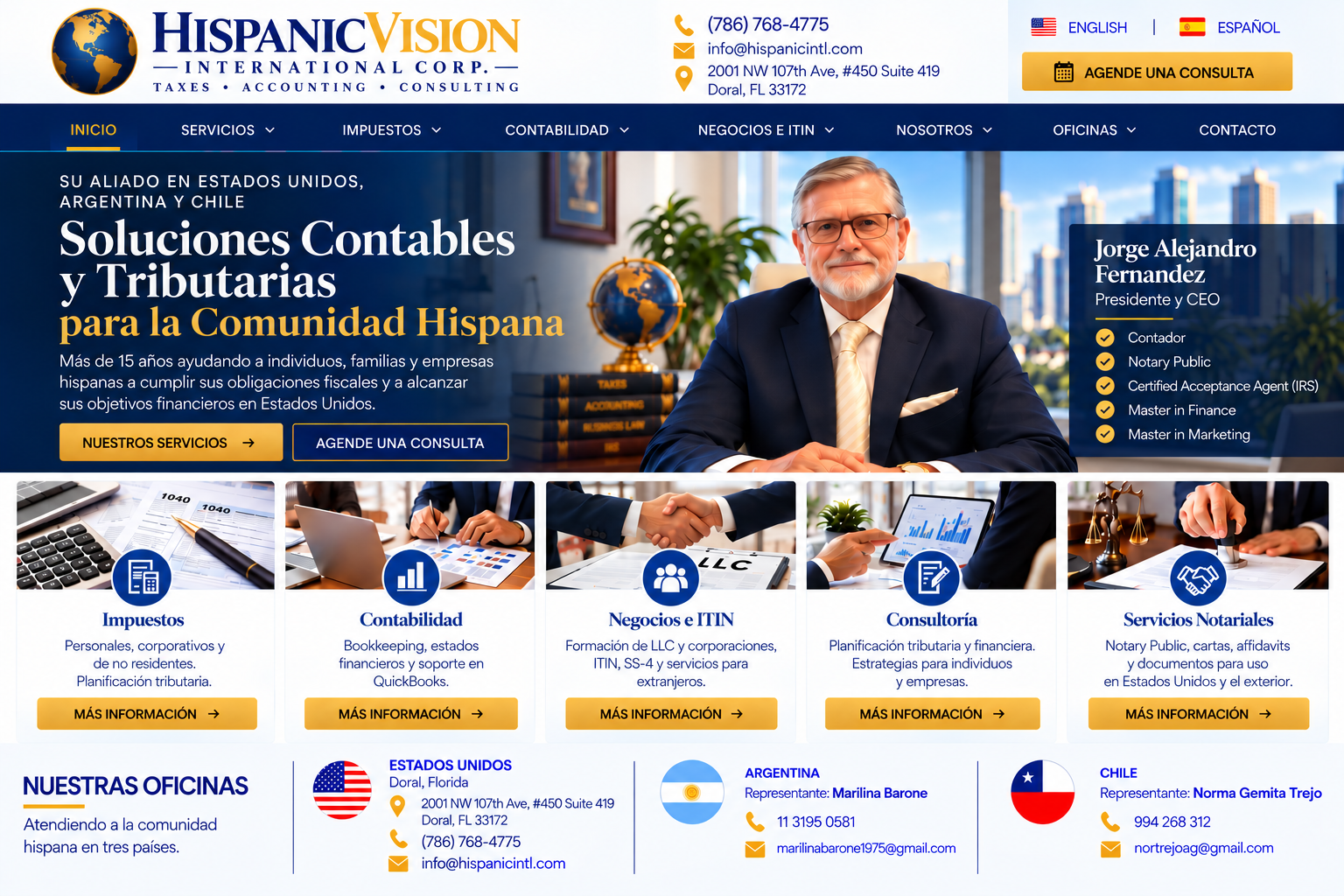 Portada oficial de HispanicVision International Corp. con la fotografía de Jorge Alejandro Fernandez, los cinco servicios y las oficinas de Estados Unidos, Argentina y Chile.